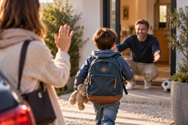 Enfant arrivant chez son père avec son sac après avoir quitté sa mère