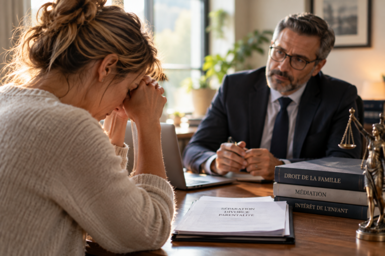 Femme en rendez-vous avec son avocat pendant une procédure de divorce