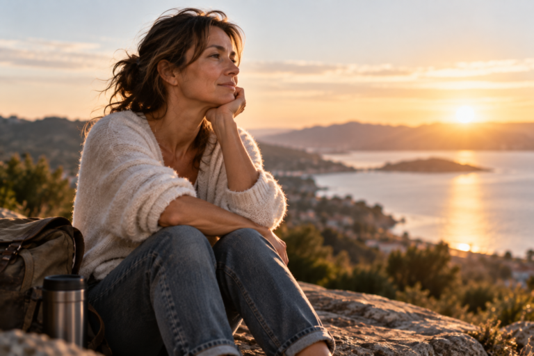 Femme assise face à un paysage au coucher du soleil après une séparation
